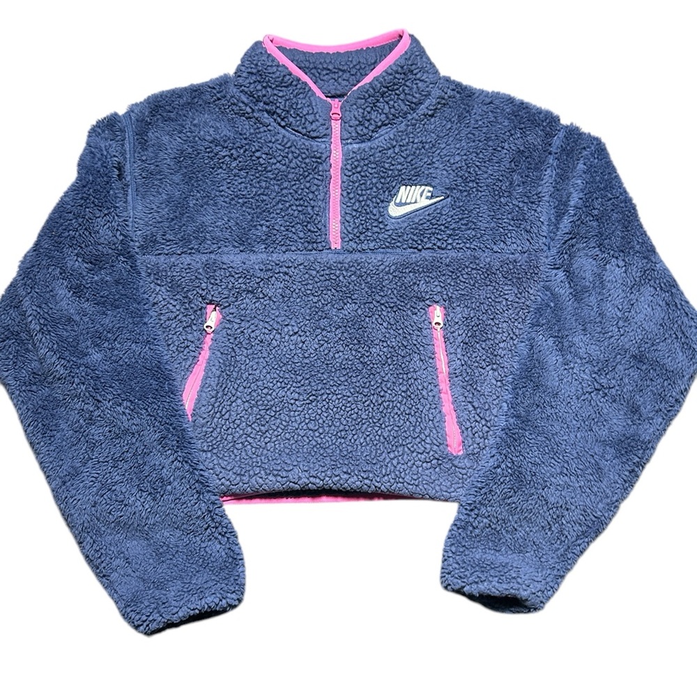 Nike Cropped Sherpa Fleece Pullover Womens Small Blue Pink 1/4 Zip Pocket Logo